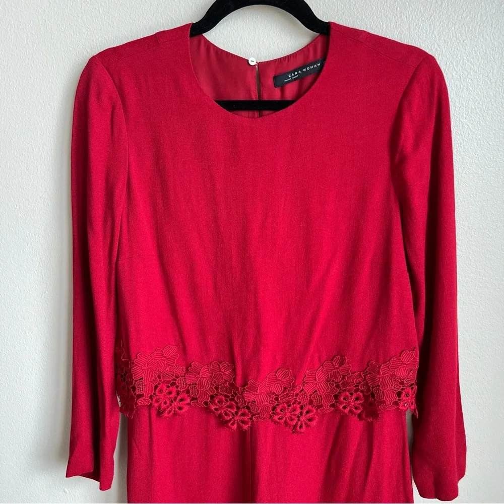 Zara Red Lace Trim Long Sleeve Romper, Size Medium - Picture 6 of 6